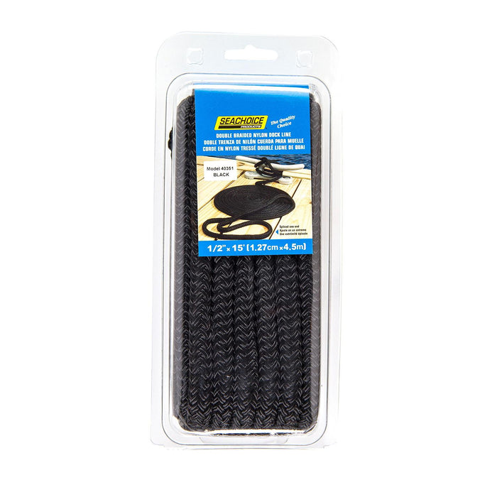 Seachoice Double-Braid Nylon Dock Line w/ Eye Splice, Pre-Shrunk, Heat Stabilized, 1/2 In. X 15 Ft., Black