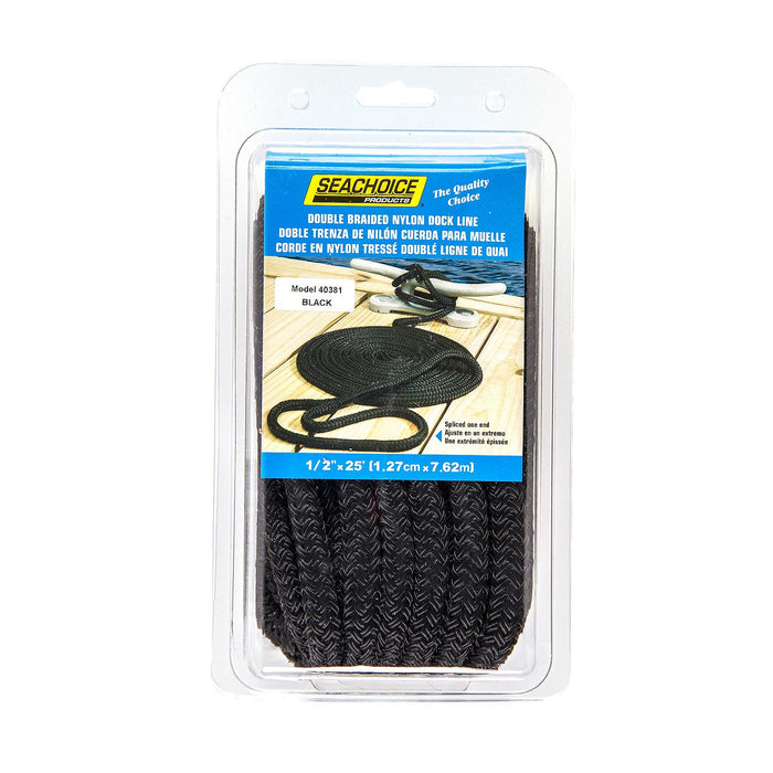 Seachoice Double-Braid Nylon Dock Line w/ Eye Splice, Pre-Shrunk, Heat Stabilized, 1/2 In. X 25 Ft., Black