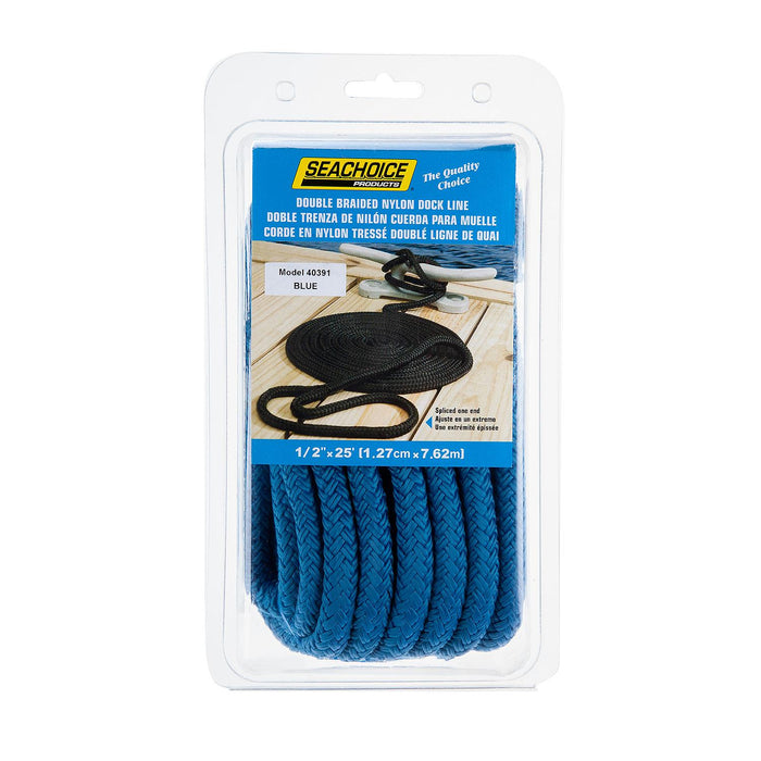 Seachoice Double-Braid Nylon Dock Line w/ Eye Splice, Pre-Shrunk, Heat Stabilized, 1/2 In. X 25 Ft., Blue