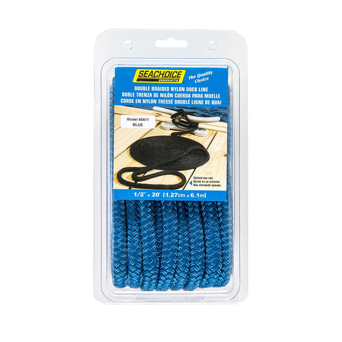 Seachoice Double-Braid Nylon Dock Line w/ Eye Splice, Pre-Shrunk, Heat Stabilized, 1/2 In. X 20 Ft., Blue
