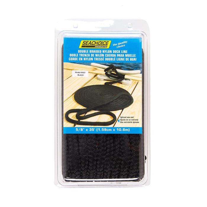 Seachoice Double-Braid Nylon Dock Line w/ Eye Splice, Pre-Shrunk, Heat Stabilized, 5/8 In. X 35 Ft., Black