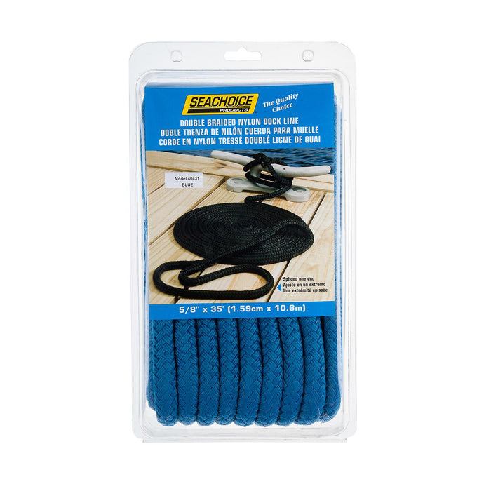 Seachoice Double-Braid Nylon Dock Line w/ Eye Splice, Pre-Shrunk, Heat Stabilized, 5/8 In. X 35 Ft., Blue