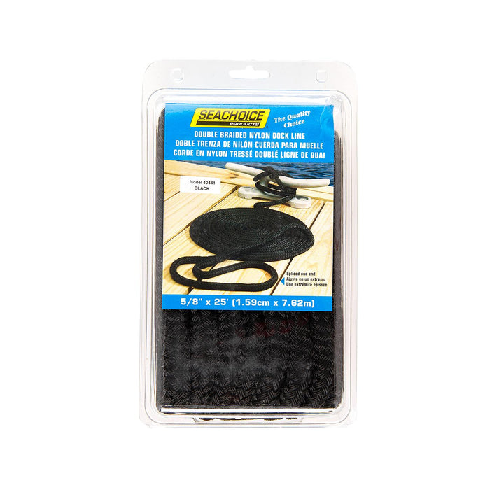 Seachoice Double-Braid Nylon Dock Line w/ Eye Splice, Pre-Shrunk, Heat Stabilized, 5/8 In. X 25 Ft., Black