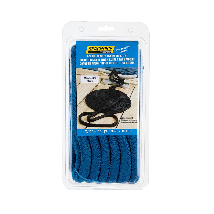 Seachoice Double-Braid Nylon Dock Line w/ Eye Splice, Pre-Shrunk, Heat Stabilized, 5/8 In. X 20 Ft., Blue