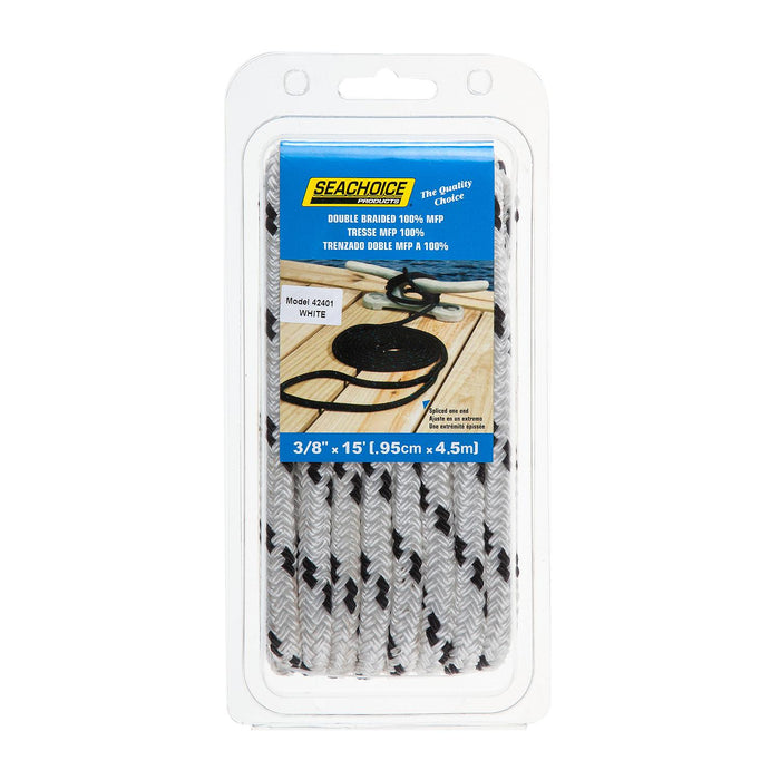 Seachoice 42401 Double Braided 100% MFP Dock Line 3/8" x 15' White w/Black, Tracer