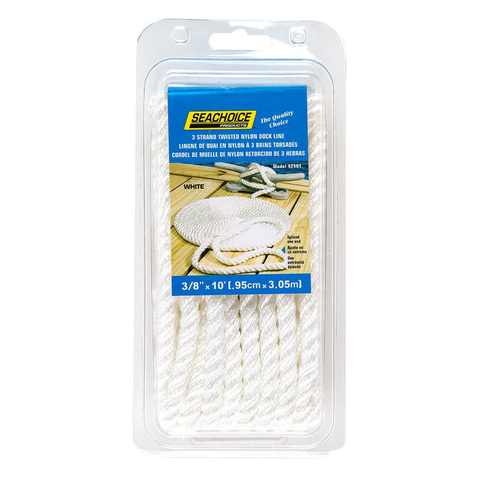 Seachoice 42501 3-Strand Twisted Nylon Dock Line, White, 3/8" x 10'