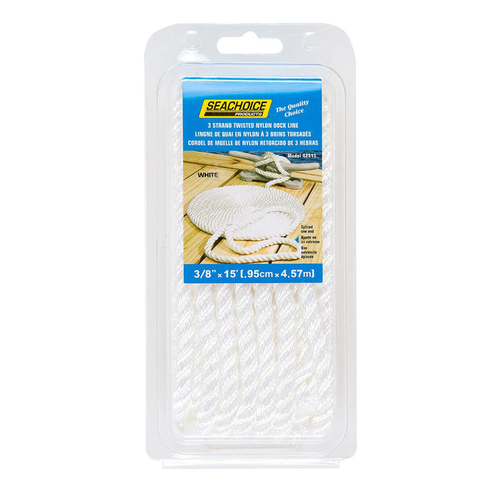 Seachoice 42511 3-Strand Twisted Nylon Dock Line, 3/8" x 15', White