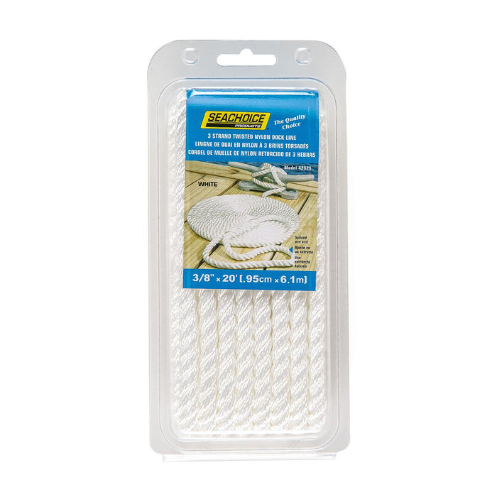 Seachoice 50-42521 3-Strand Twisted Nylon Dock Line, 3/8" x 20', White