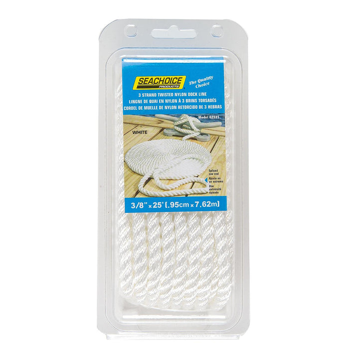 Seachoice 42531 3-Strand Twisted Nylon Dock Line, 3/8" x 25', White