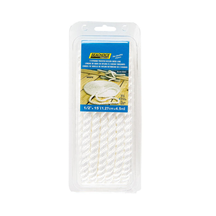 Seachoice 42551 3-Strand Twisted Nylon Dock Line, 1/2" x 15', White
