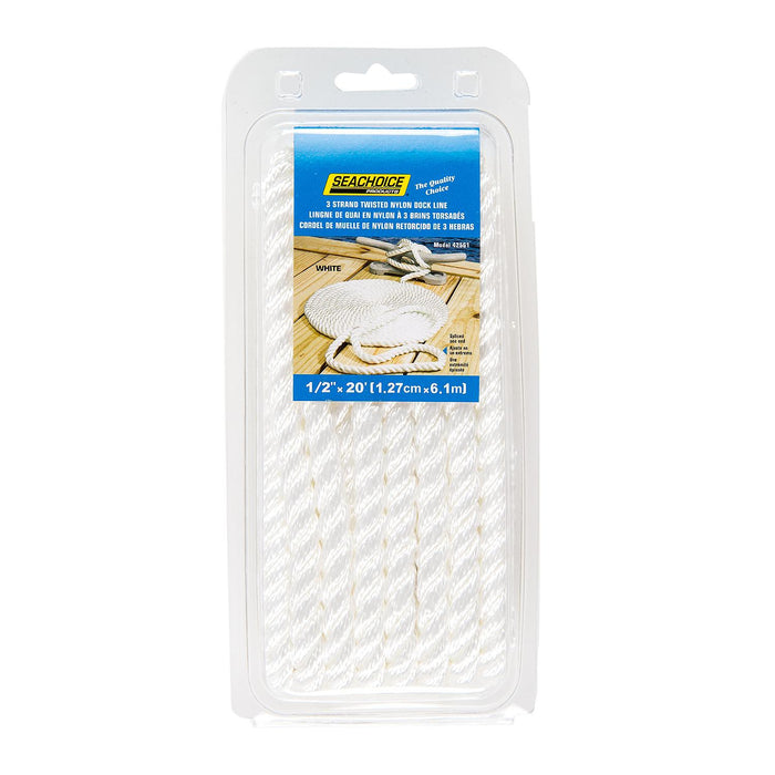 Seachoice 42561 3-Strand Twisted Nylon Dock Line, 1/2" x 20', White
