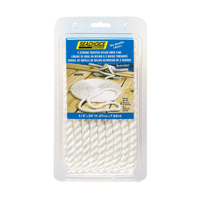 Seachoice 42571 3-Strand Twisted Nylon Dock Line, 1/2" x 25', White