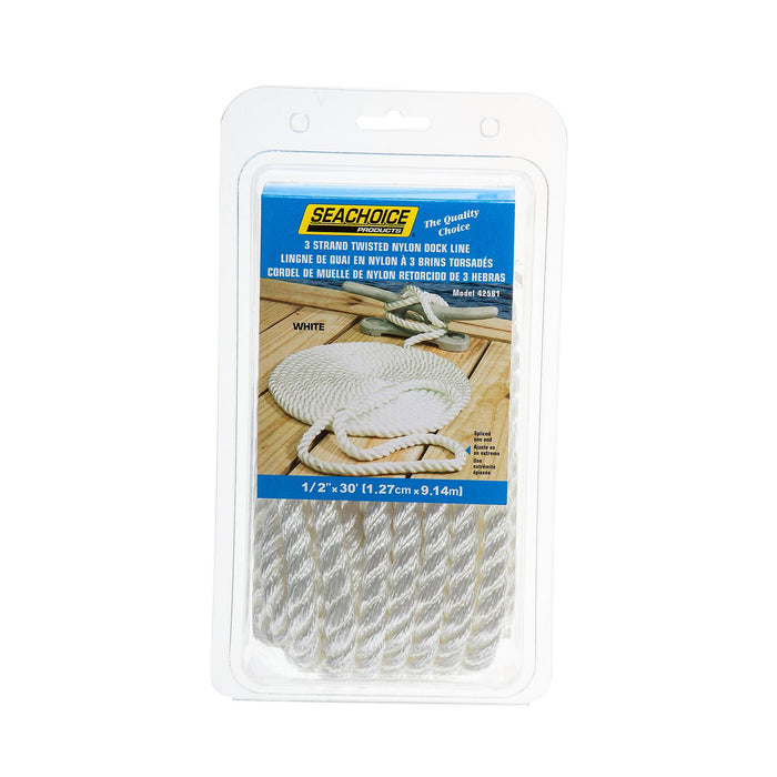 Seachoice 42581 3-Strand Twisted Nylon Dock Line, 1/2" x 30', White