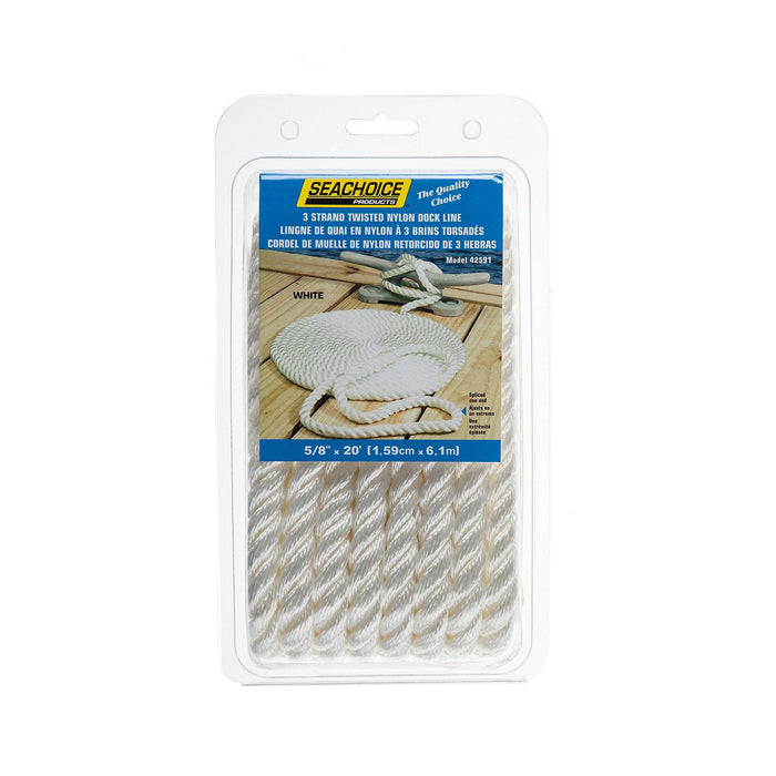 Seachoice 42591 3-Strand Twisted Nylon Dock Line, 5/8" x 20', White