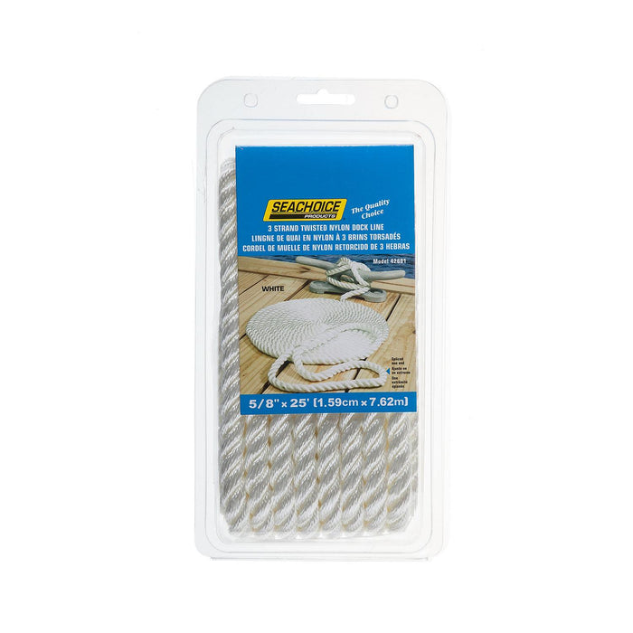 Seachoice 42601 3-Strand Twisted Nylon Dock Line, 5/8" x 25', White