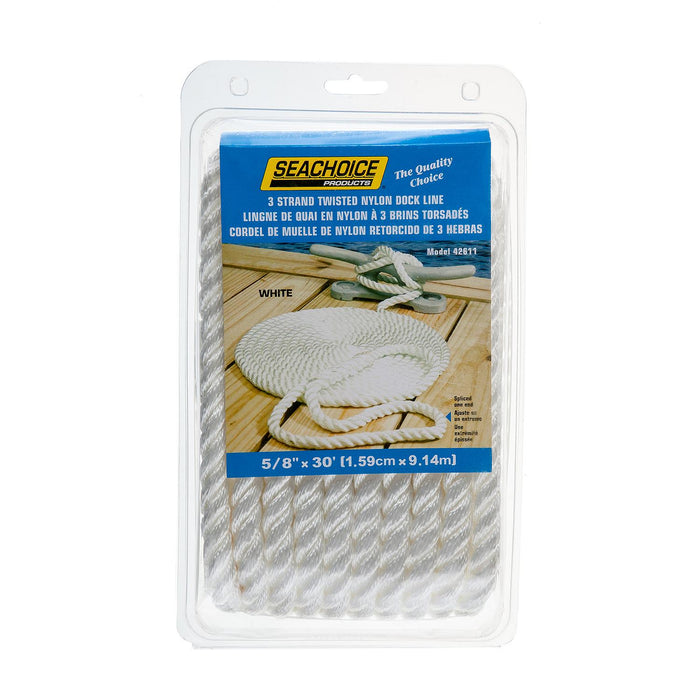 Seachoice 42611 3-Strand Twisted Nylon Dock Line, 5/8" x 30', White