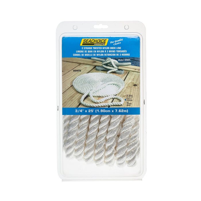Seachoice 42631 3-Strand Twisted Nylon Dock Line, White, 3/4" x 25'