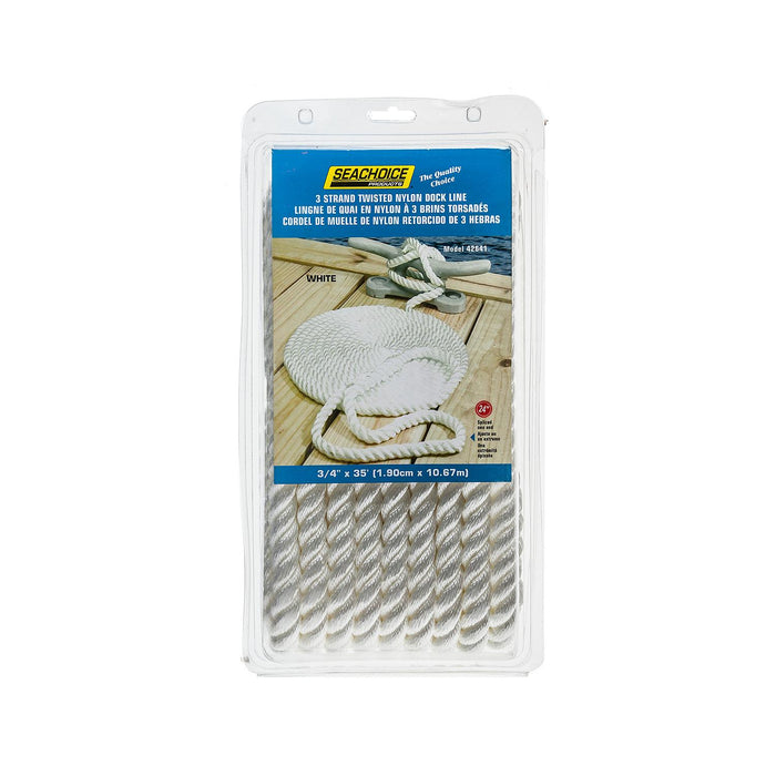Seachoice 42641 3-Strand Twisted Nylon Dock Line, White, 3/4" x 35'