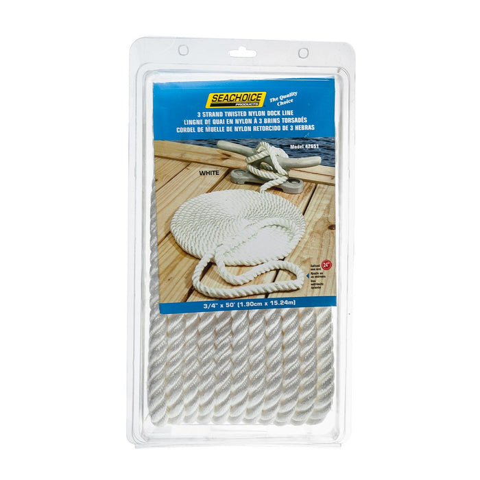 Seachoice 42651 3-Strand Twisted Nylon Dock Line, White, 3/4" x 50'