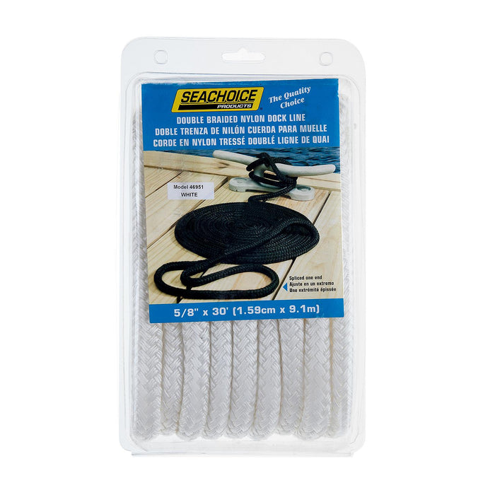 Seachoice 46951 Double-Braid Nylon Dock Line w/ Eye Splice, Pre-Shrunk, Heat Stabilized, 5/8 In. X 30 Ft., White