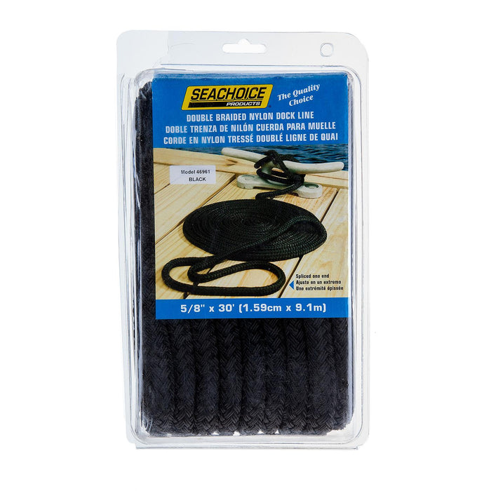 Seachoice 46961 Double-Braid Nylon Dock Line w/ Eye Splice, Pre-Shrunk, Heat Stabilized, 5/8 In. X 30 Ft., Black