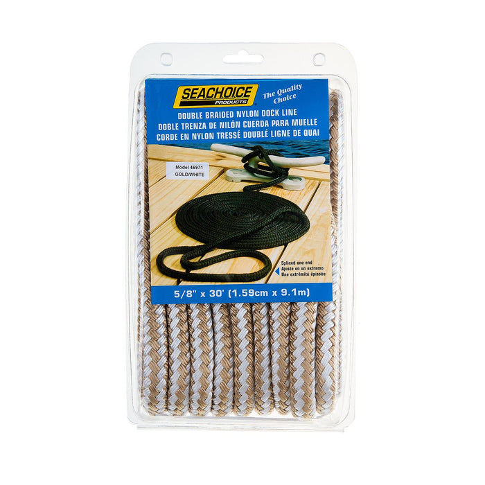 Seachoice Double-Braid Nylon Dock Line w/ Eye Splice, Pre-Shrunk, Heat Stabilized, 5/8 In. X 30 Ft., Gold White