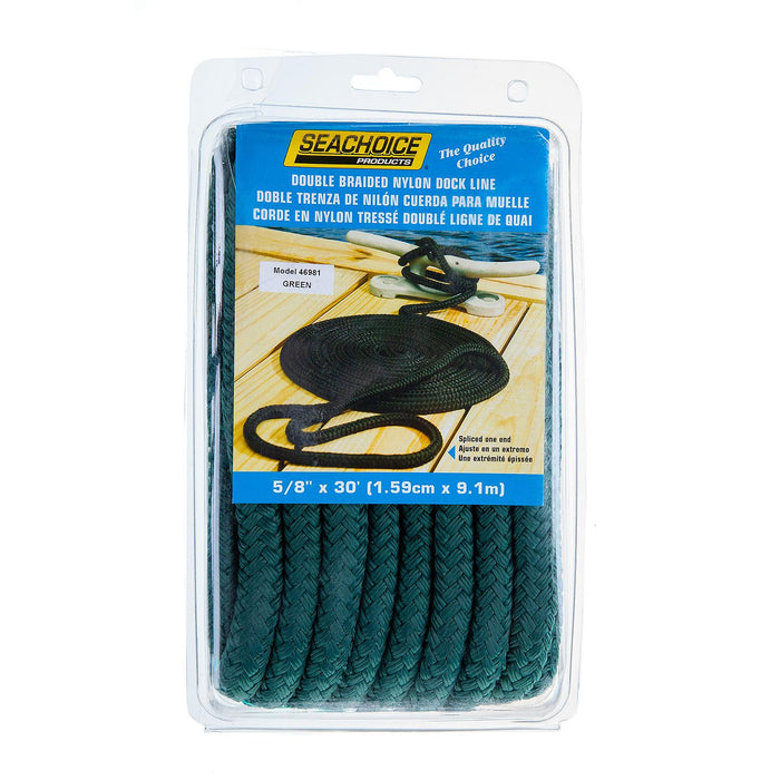 Seachoice 46981 Double-Braid Nylon Dock Line w/ Eye Splice, Pre-Shrunk, Heat Stabilized, 5/8 In. X 30 Ft., Forest Green