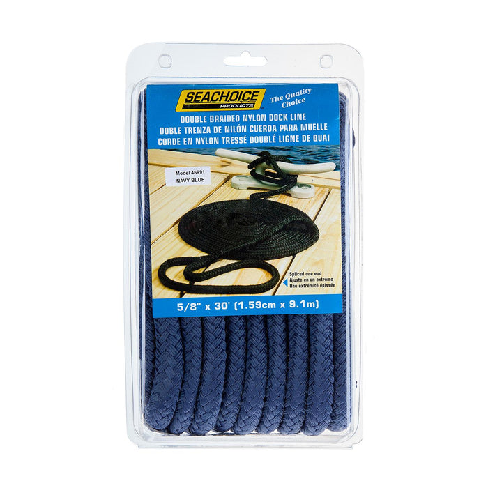 Seachoice Double-Braid Nylon Dock Line w/ Eye Splice, Pre-Shrunk, Heat Stabilized, 5/8 In. X 30 Ft., Navy Blue