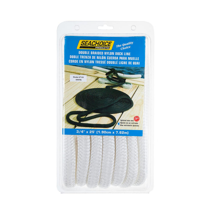Seachoice Double-Braid Nylon Dock Line w/ Eye Splice, Pre-Shrunk, Heat Stabilized, 3/4 In. X 25 Ft., White
