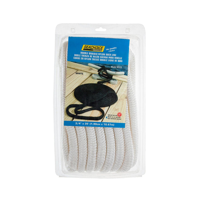 Seachoice Double-Braid Nylon Dock Line w/ Eye Splice, Pre-Shrunk, Heat Stabilized, 3/4 In. X 35 Ft., White