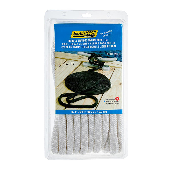 Seachoice Double-Braid Nylon Dock Line w/ Eye Splice, Pre-Shrunk, Heat Stabilized, 3/4 In. X 50 Ft., White