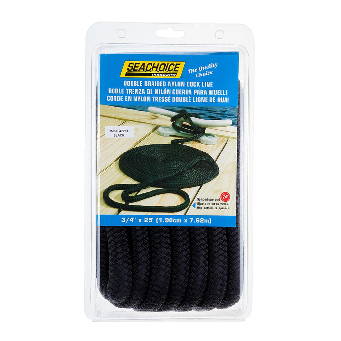 Seachoice Double-Braid Nylon Dock Line w/ Eye Splice, Pre-Shrunk, Heat Stabilized, 3/4 In. X 25 Ft., Black