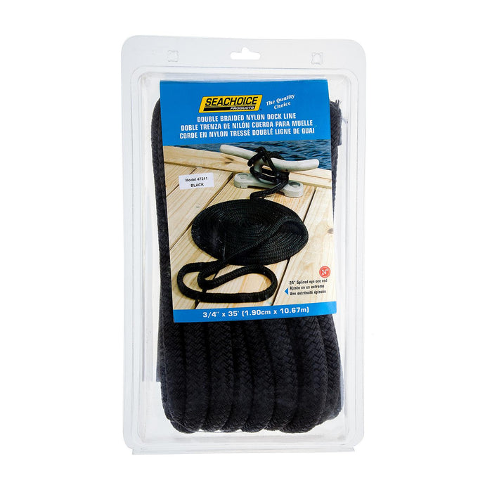 Seachoice Double-Braid Nylon Dock Line w/ Eye Splice, Pre-Shrunk, Heat Stabilized, 3/4 In. X 35 Ft., Black
