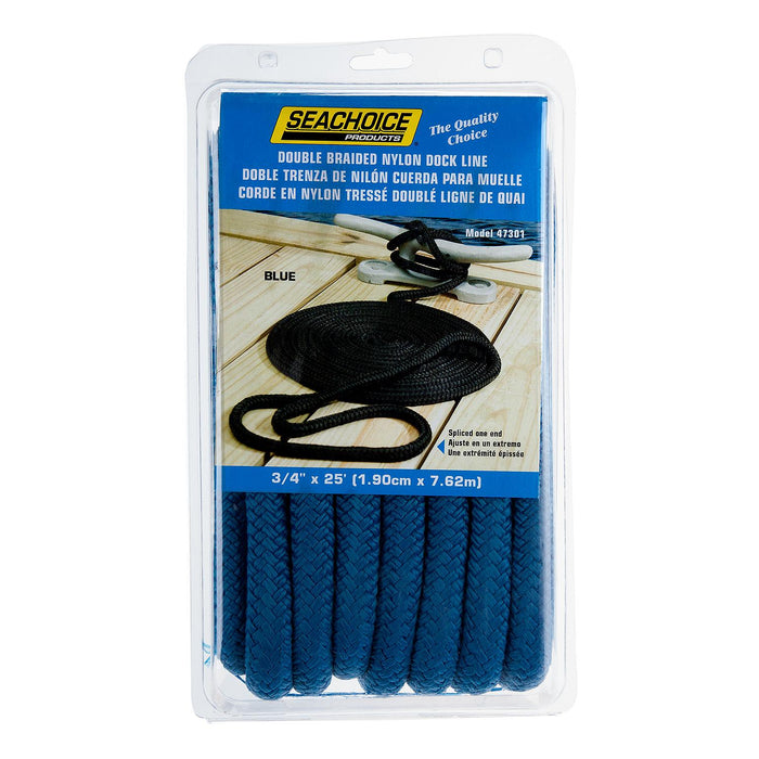 Seachoice Double-Braid Nylon Dock Line w/ Eye Splice, Pre-Shrunk, Heat Stabilized, 3/4 In. X 25 Ft., Blue