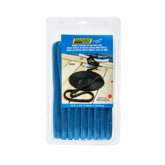Seachoice 47311 Double-Braid Nylon Dock Line w/ Eye Splice, Pre-Shrunk, Heat Stabilized, 3/4 In. X 35 Ft., Blue