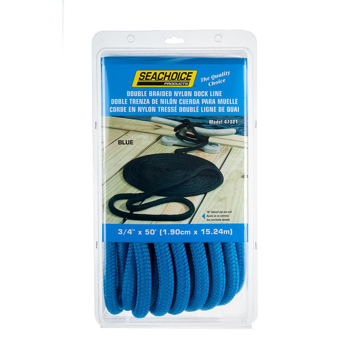 Seachoice Double-Braid Nylon Dock Line w/ Eye Splice, Pre-Shrunk, Heat Stabilized, 3/4 In. X 50 Ft., Blue