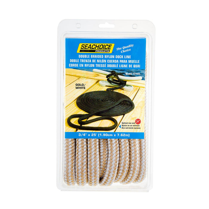 Seachoice Double-Braid Nylon Dock Line w/ Eye Splice, Pre-Shrunk, Heat Stabilized, 3/4 In. X 25 Ft., Gold White