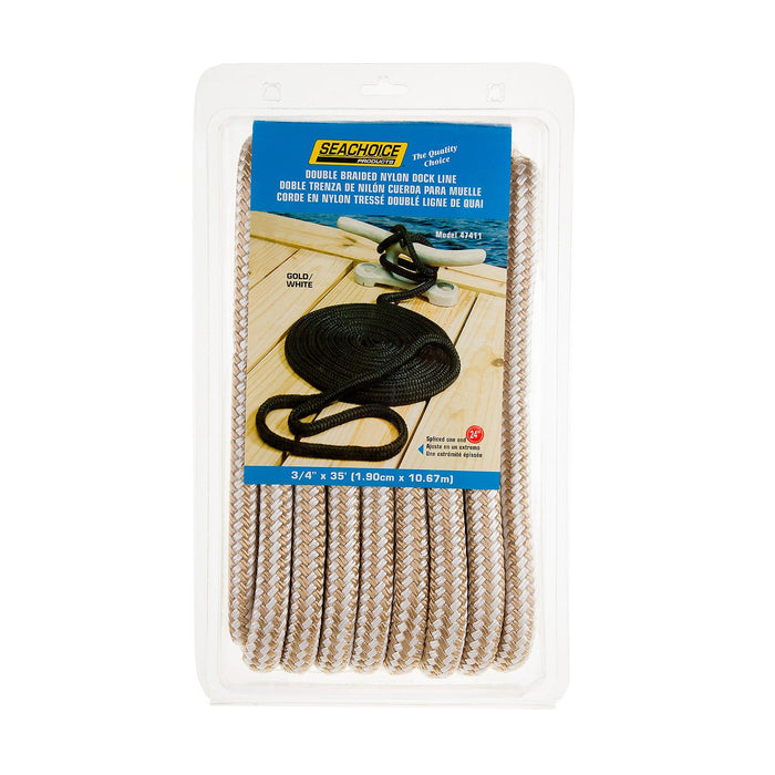 Seachoice Double-Braid Nylon Dock Line w/ Eye Splice, Pre-Shrunk, Heat Stabilized, 3/4 In. X 35 Ft., Gold White