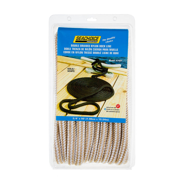 Seachoice Double-Braid Nylon Dock Line w/ Eye Splice, Pre-Shrunk, Heat Stabilized, 3/4 In. X 50 Ft., Gold White