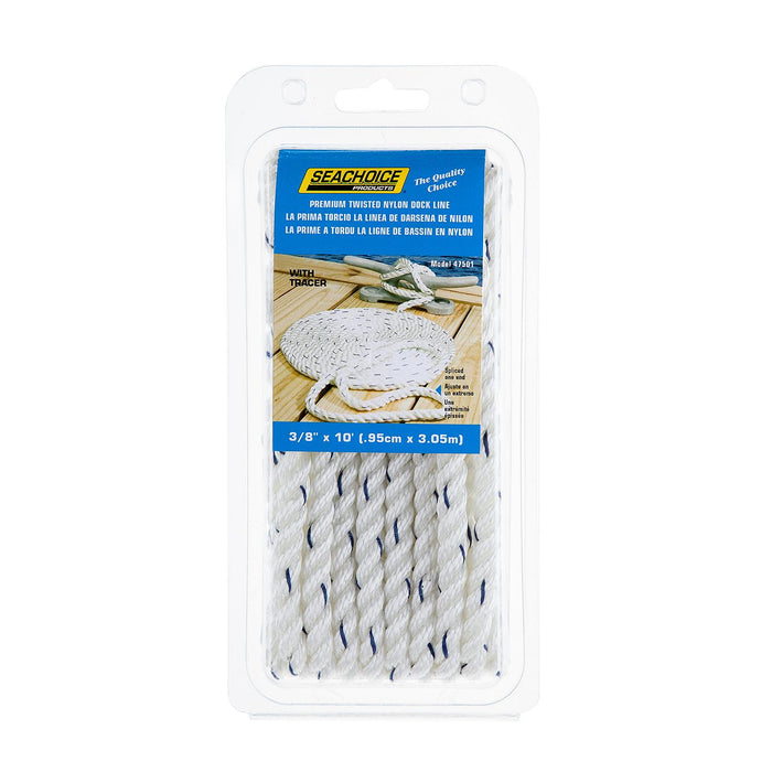 Seachoice 47501 Premium 3-Strand Twisted Nylon Dock Line, White w/ Blue Tracer, 3/8" x 10'