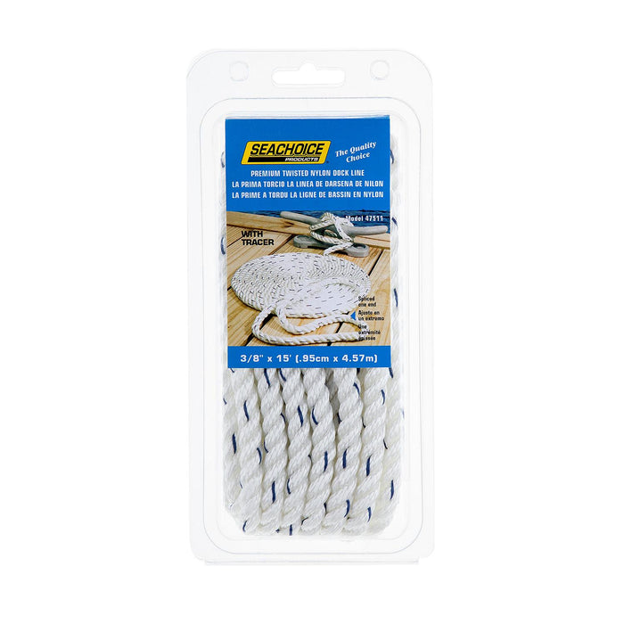 Seachoice 47511 Premium 3-Strand Twisted Nylon Dock Line, White w/ Blue Tracer, 3/8" x 15'