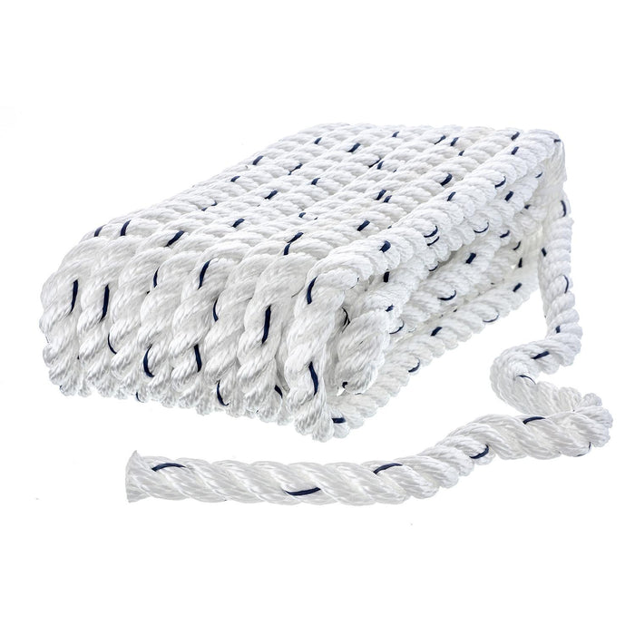 Seachoice 47521 Premium 3-Strand Twisted Nylon Dock Line, White w/ Blue Tracer, 3/8" x 20'