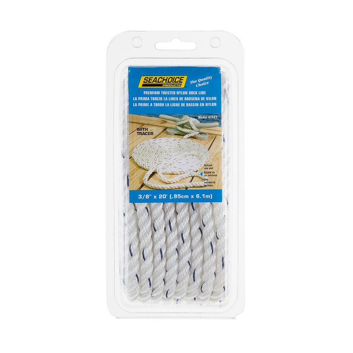 Seachoice 47521 Premium 3-Strand Twisted Nylon Dock Line, White w/ Blue Tracer, 3/8" x 20'