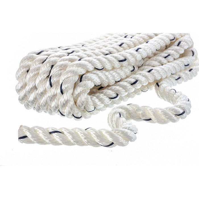 Seachoice 47551 Premium 3-Strand Twisted Nylon Dock Line, White w/ Blue Tracer, 1/2" x 15'