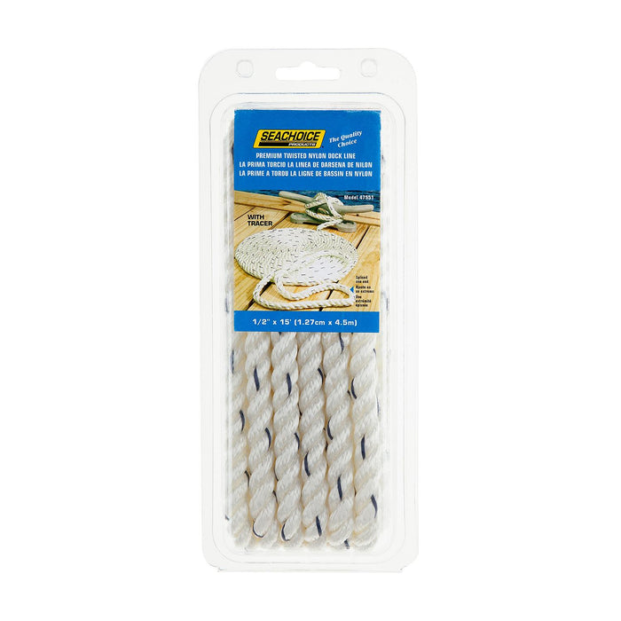 Seachoice 47551 Premium 3-Strand Twisted Nylon Dock Line, White w/ Blue Tracer, 1/2" x 15'