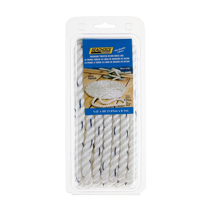 Seachoice 47561 Premium 3-Strand Twisted Nylon Dock Line, White w/ Blue Tracer, 1/2" x 20'