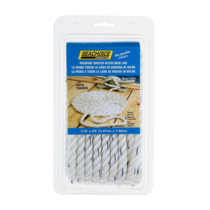 Seachoice 47571 Premium 3-Strand Twisted Nylon Dock Line, White w/ Blue Tracer, 1/2" x 25'