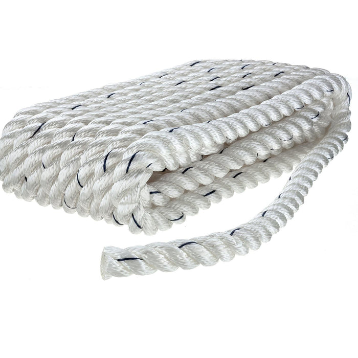 Seachoice 47601 Premium 3-Strand Twisted Nylon Dock Line, White w/ Blue Tracer, 5/8" x 25'