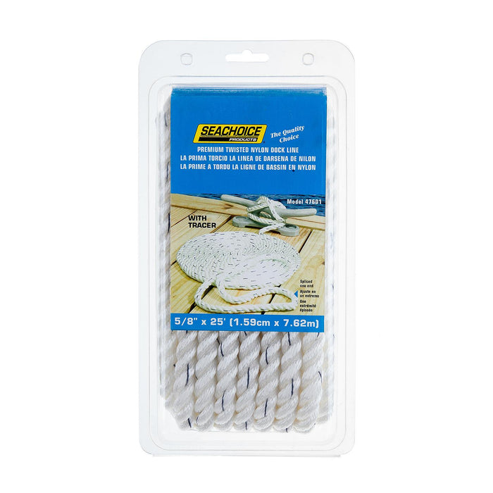 Seachoice 47601 Premium 3-Strand Twisted Nylon Dock Line, White w/ Blue Tracer, 5/8" x 25'
