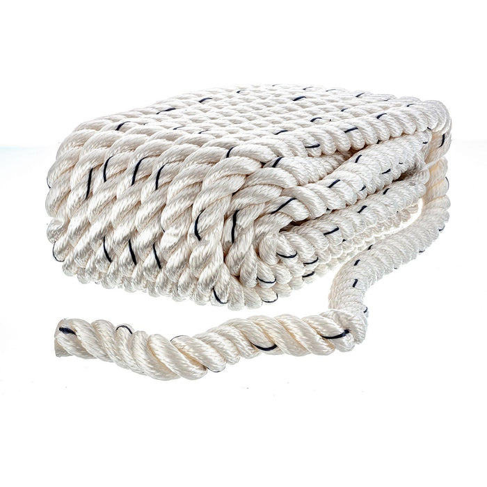 Seachoice 47621 Premium 3-Strand Twisted Nylon Dock Line, White w/ Blue Tracer, 5/8" x 35'